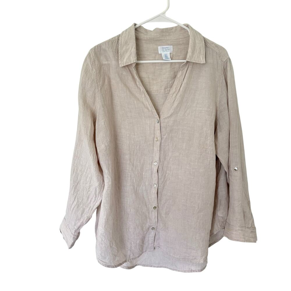 Sigrid Olsen 100% Linen Blouse 1X Pink Button Front Roll Tab Coastal Grandma